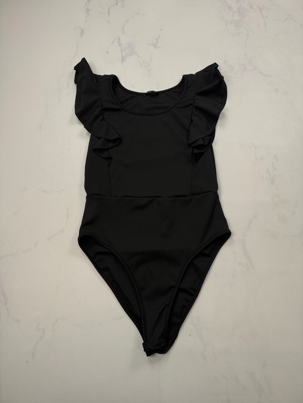 Shein Ruffle Sleeve Swimsuit Black Contemporary Modern Feminine - Womens L